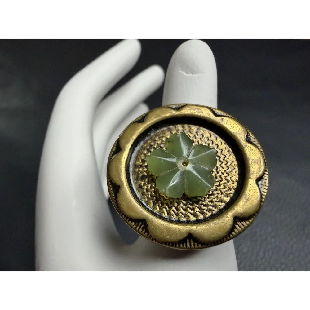 Vintage Button Ring Handmade Statement Brass Jade Green Flower Adjustable Chunky